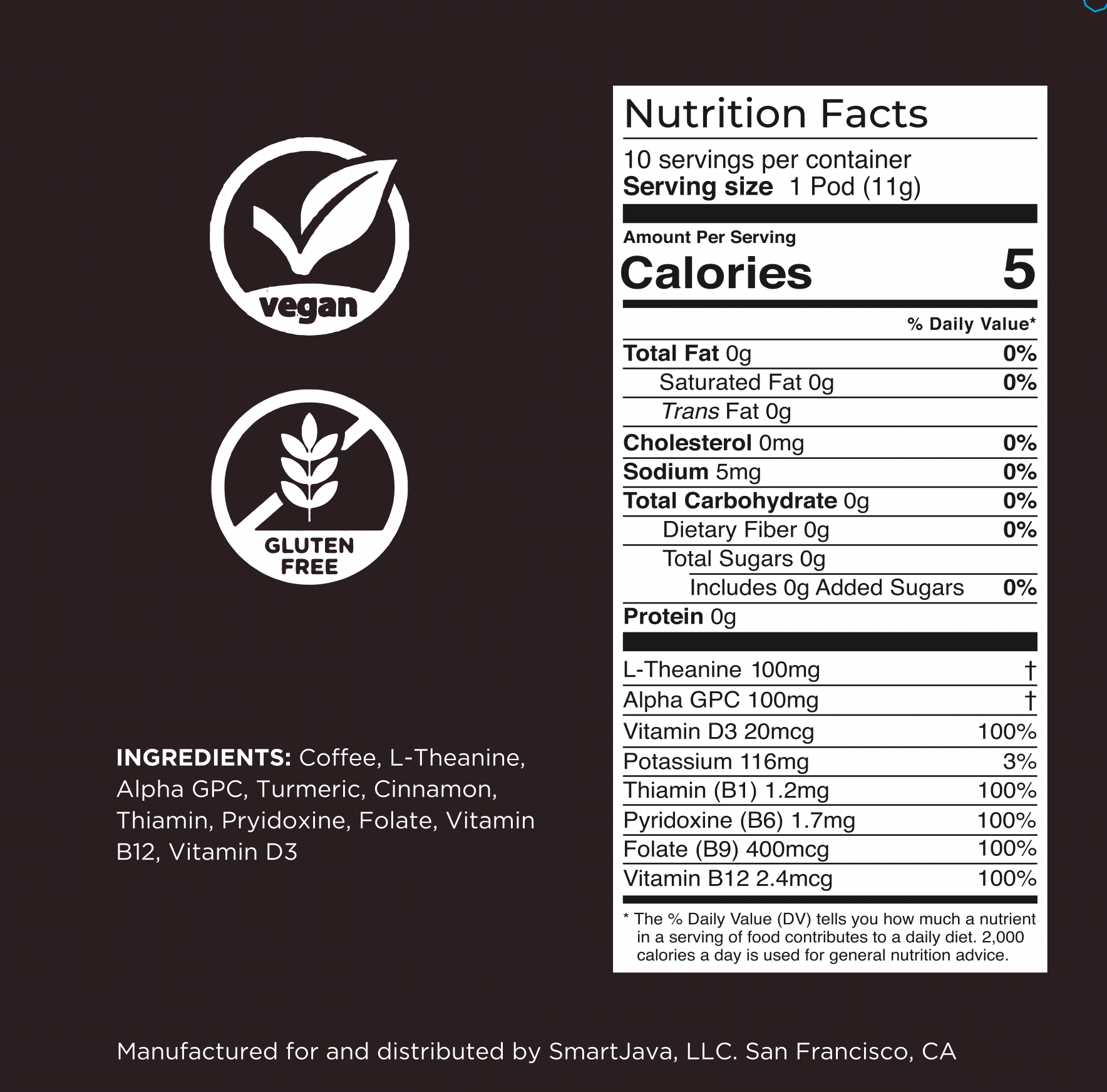 Nutrition label showing healthy vitamins and nootropics for SmartJava