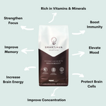 Load image into Gallery viewer, Bag of SmartJava coffee with arrows that point out all of it&#39;s health benefits. Focus, memory, immunity, mood, brain cell protection, and brain energy
