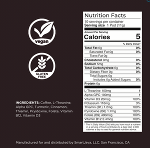 Nutrition label showing healthy vitamins and nootropics for SmartJava